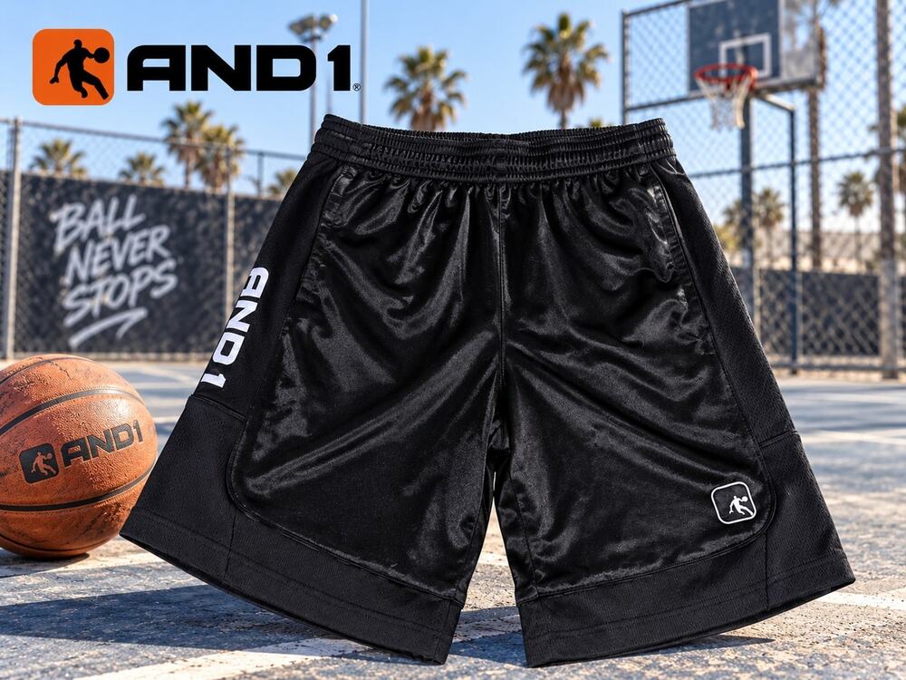 AND1 Men’s Basketball Shorts Size M Black Shiny Mesh Athletic Streetball Drawstr